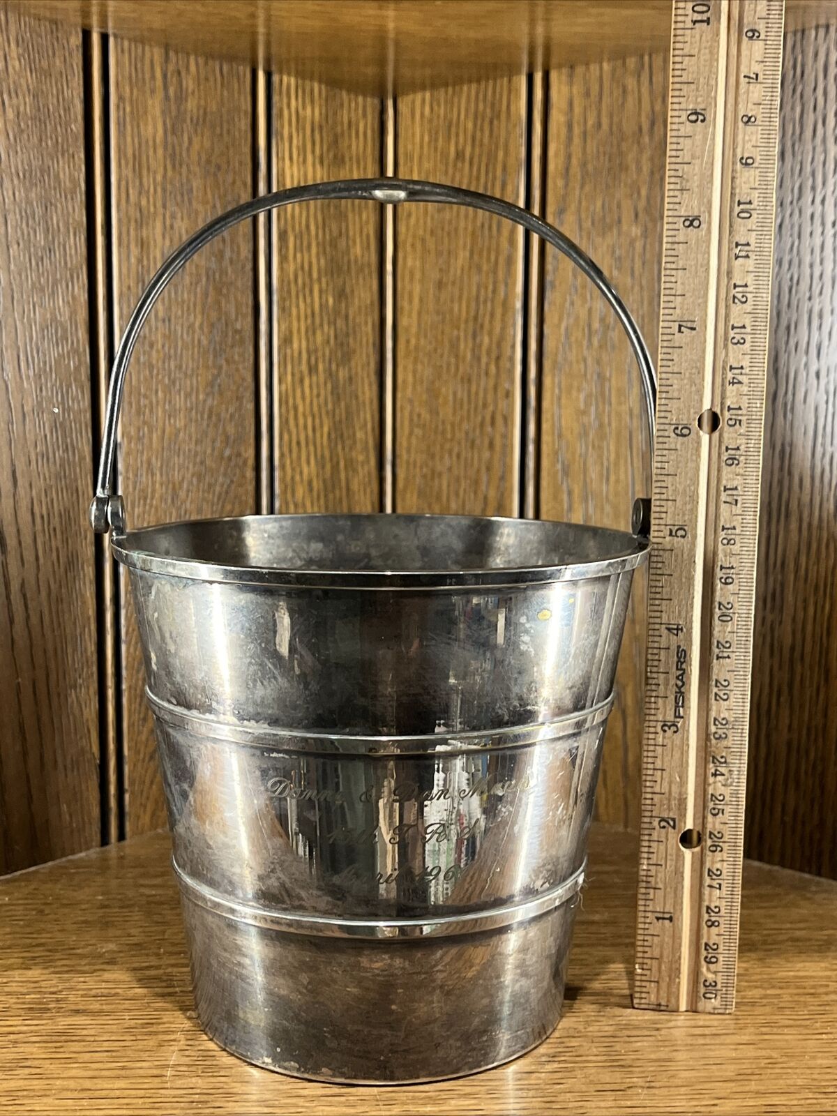 Antique 1961 Silver Plated Ice Bucket Pail Champagne Handle Wedding Gift T.R.S.