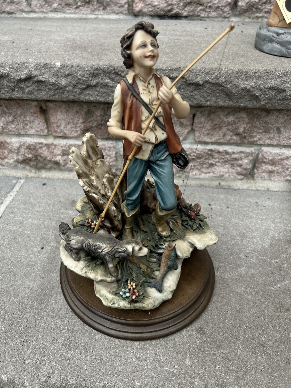 VTG Large Capodimonte Fisherman with His Catch Figurine And Dog Made In Italy 12