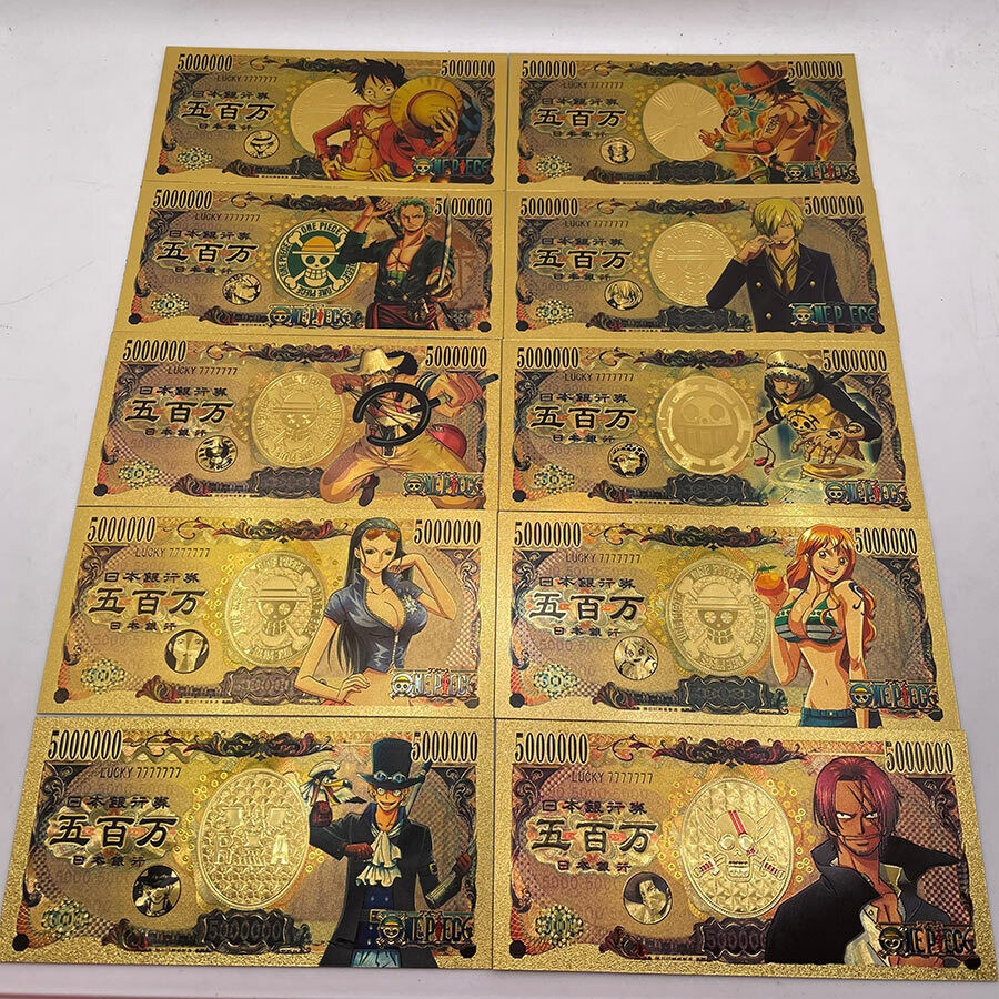 10pc Japanese Anime one piece Monkey D. Luffy Gold Banknote Collectible Cards