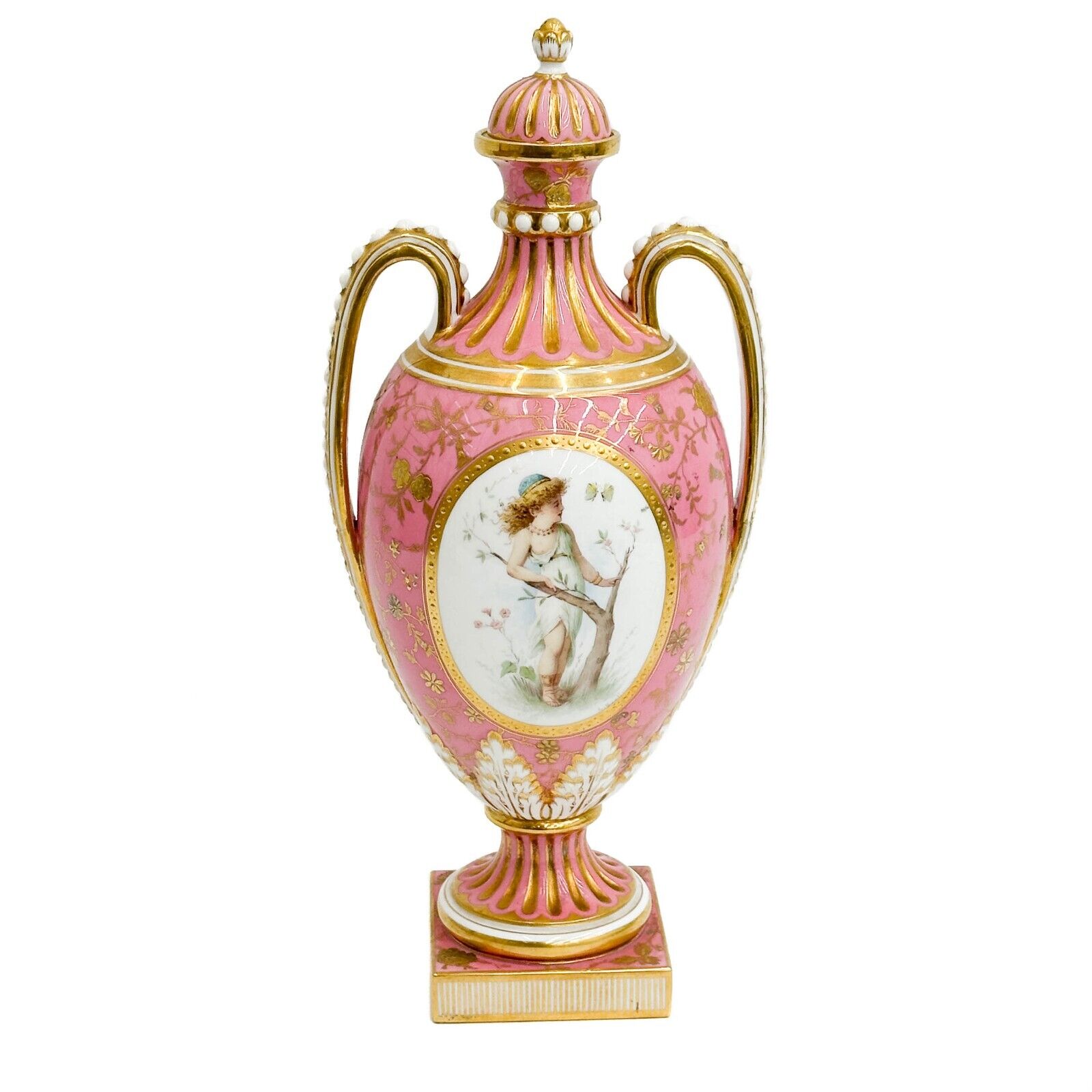 Minton England Hand Painted Pink Porcelain Lidded Urn Vase Boullemier 1894