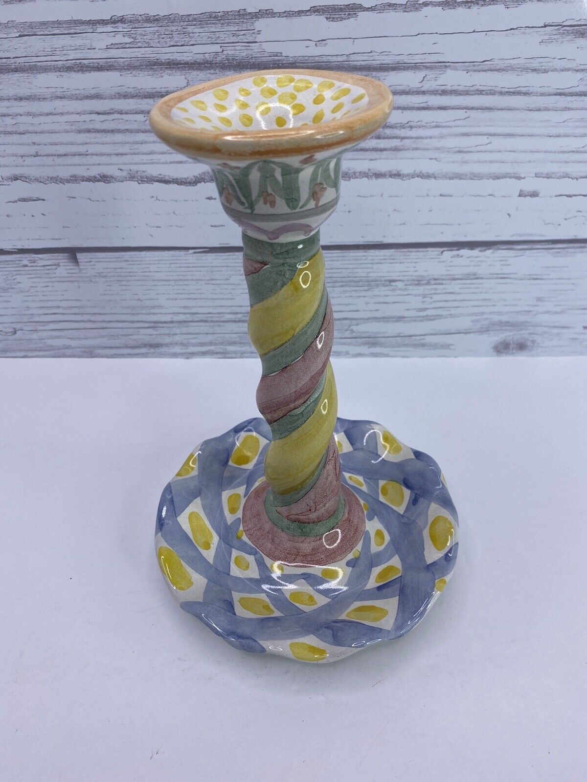 Mackenzie Childs Tall Twisted Festive Floral Design Candle Stick Holder 1993 VTG
