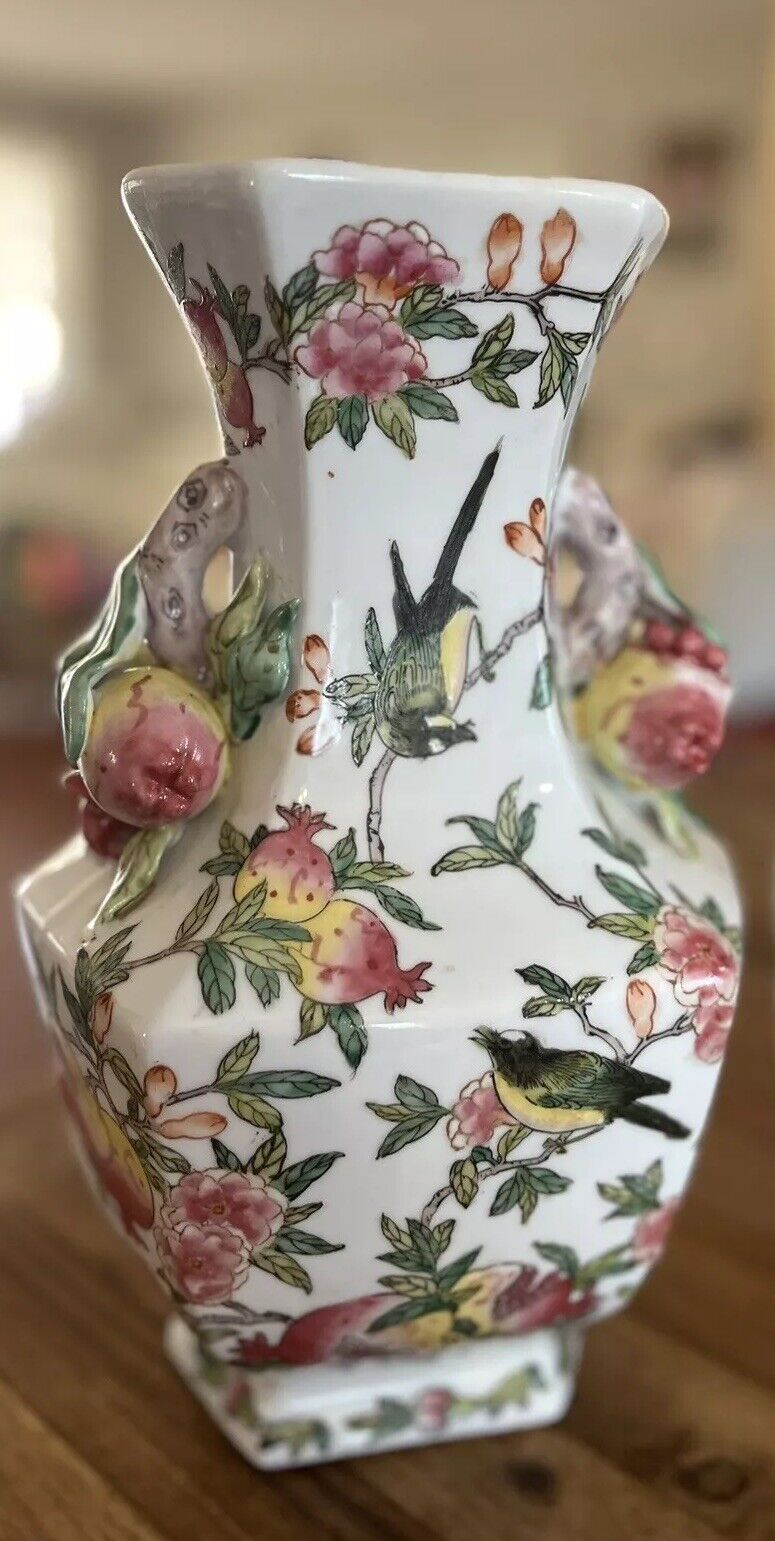 Andrea by Sadek Large Ceramic Vase Pink Birds, flowers and Pomegranates