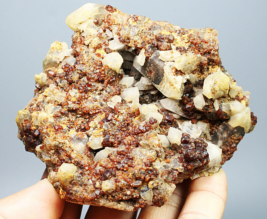 Top  Spessartine Garnet with Smoky Quartz Crystal Stone Mineral Specimen 358g