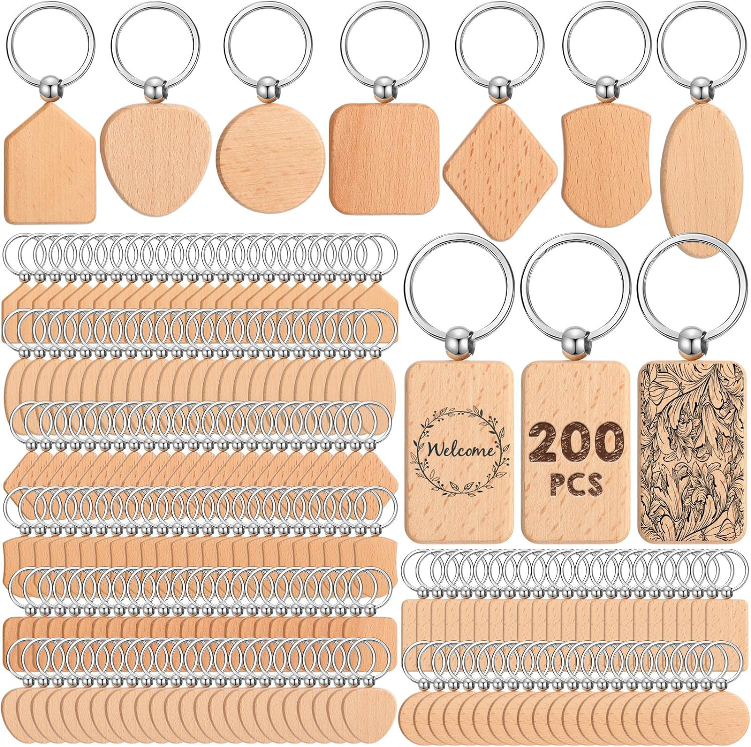 200 Pcs Wooden Keychain Blanks Wood Key Chain Bulk Unfinished Wooden Key Ring