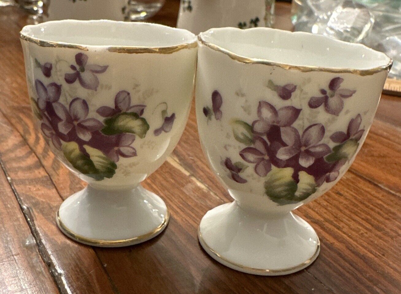 Vintage Egg Cups Violets w/ Gold Trim Set of Two