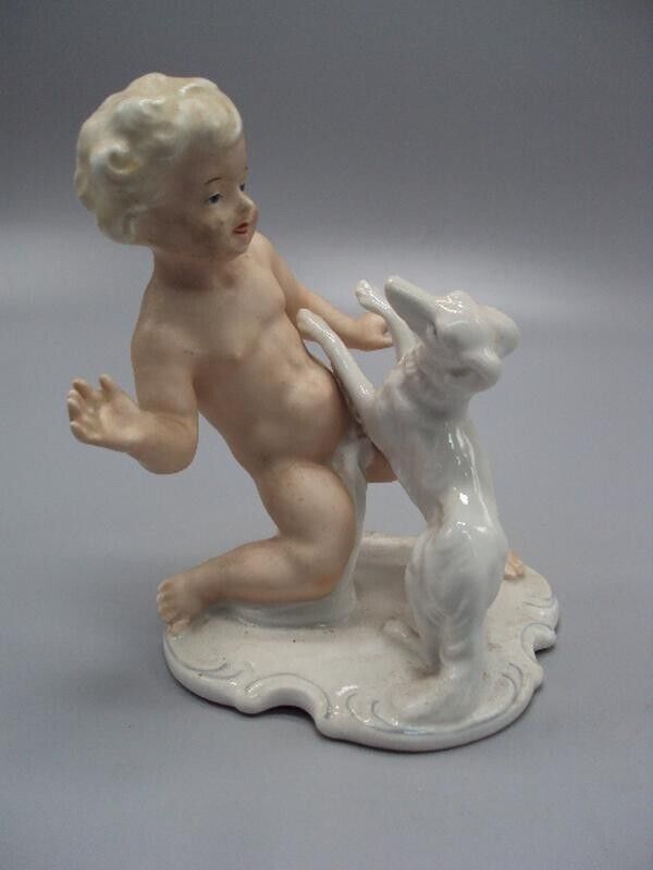 Angel Putti boy with Borzoi Greyhound dog German porcelain figurine Vintage 5144