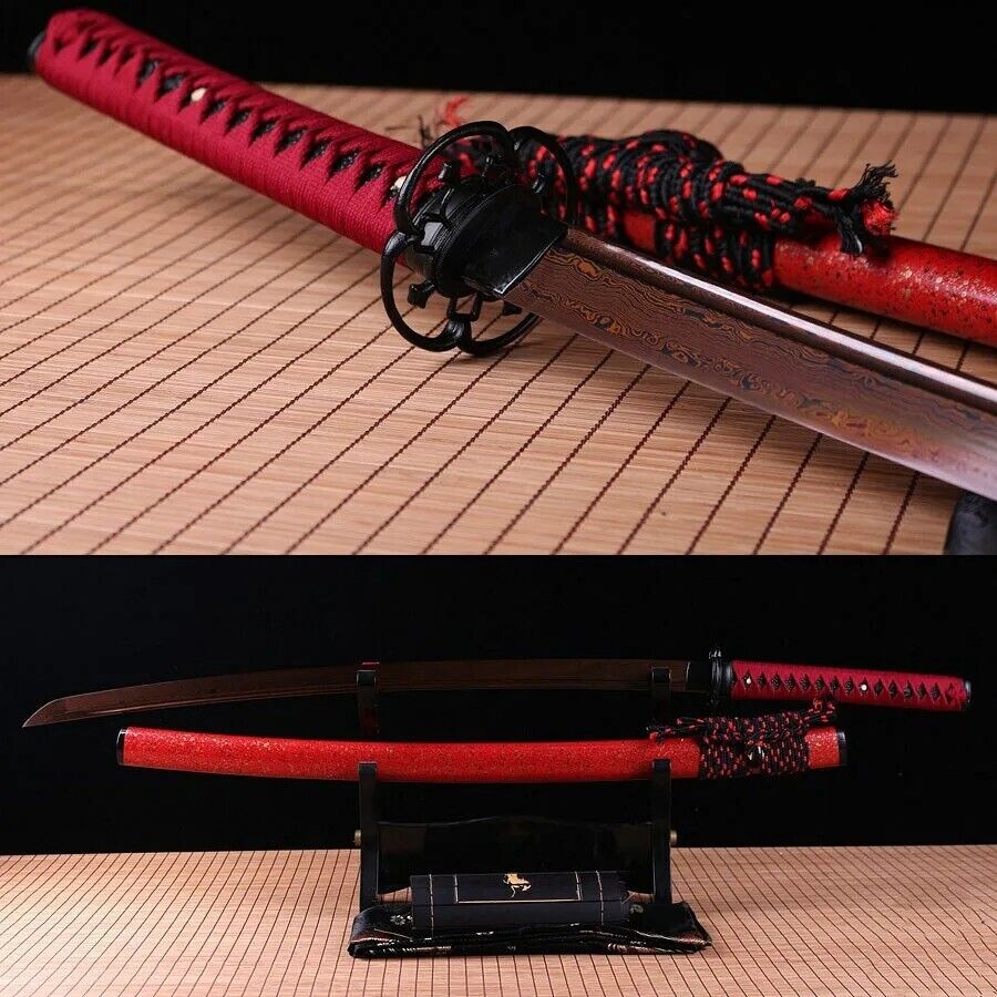 Real Red&Black Folded Steel blade Japanese Samurai Katana Sword Full Tang sharp.