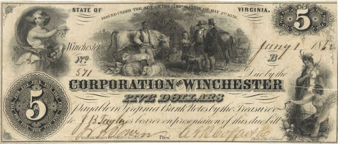 Corporation of Winchester $5 - Obsolete Notes - Paper Money - US - Obsolete