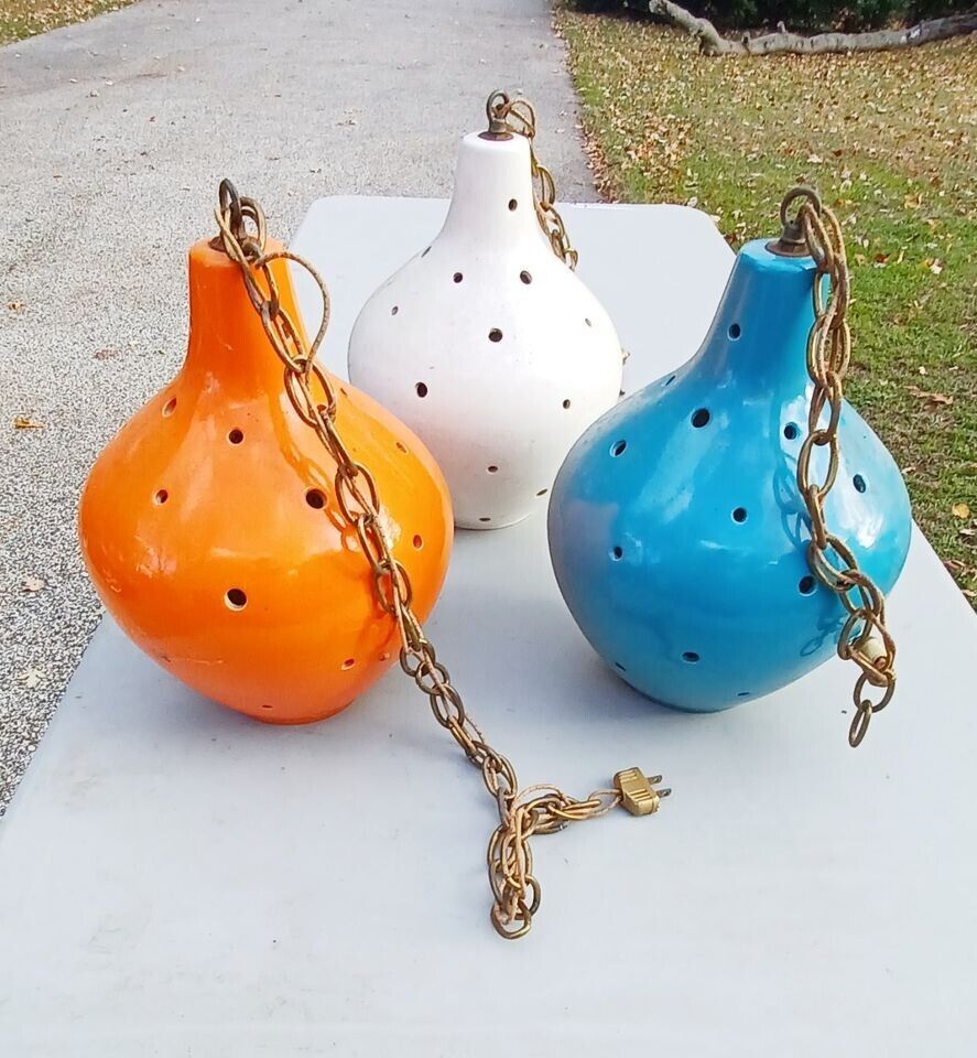 Vintage Tension Pole hanging Lamps Set of 3 Tri Color Ceramic