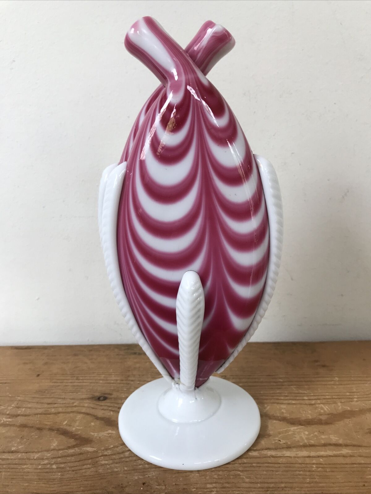 Antique Nailsea Cranberry Milk Glass Swirl Double Spout Marbie Gimmel Flask Vase