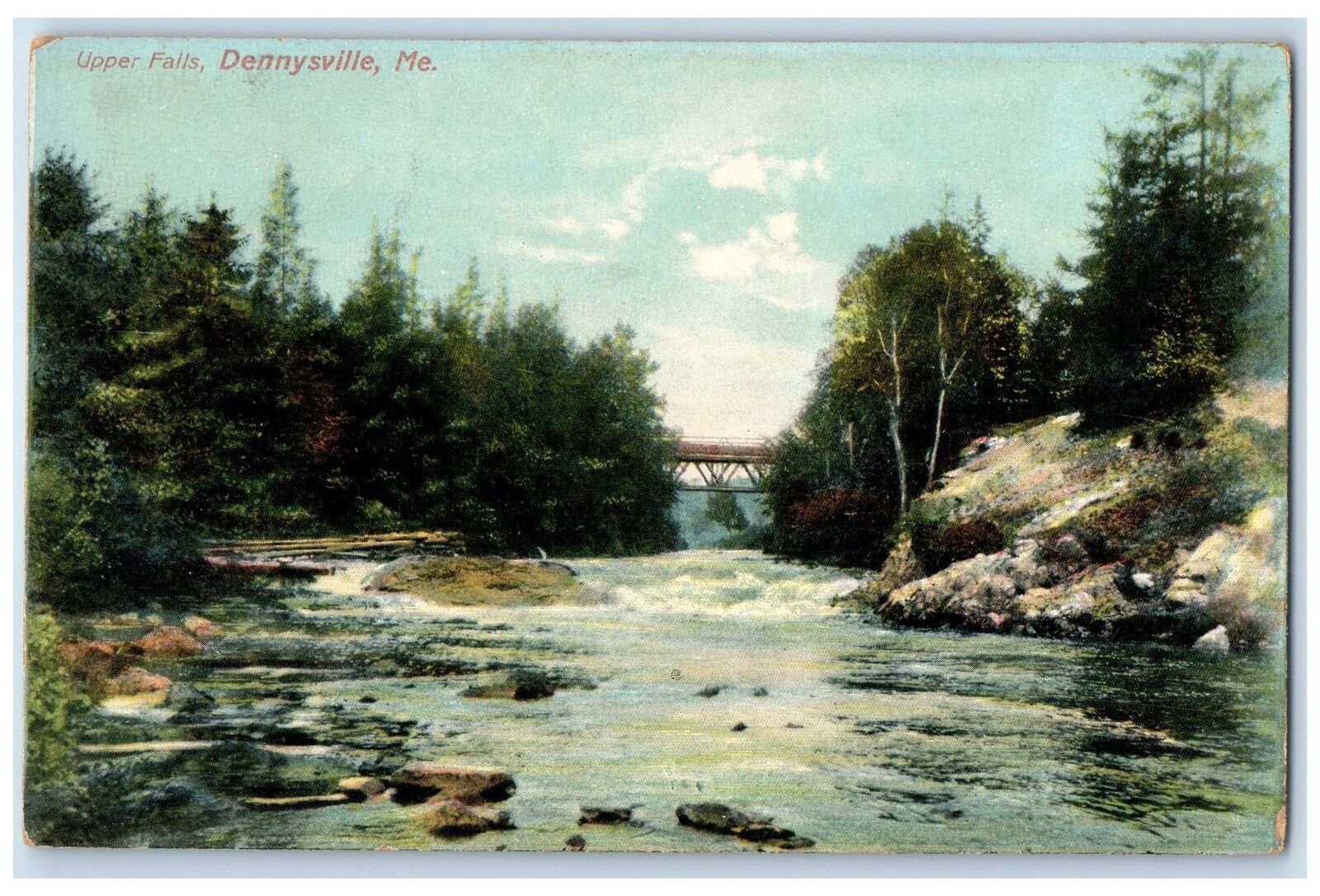 1912 Upper Falls Bridge & River Scene Dennysville Maine ME Posted Trees Postcard
