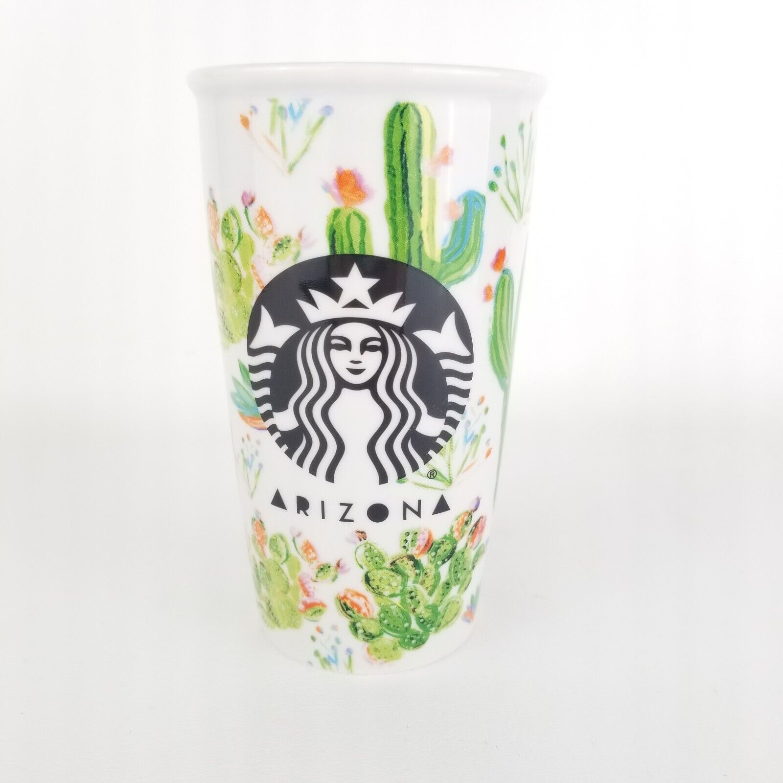 Starbucks Arizona Ceramic Tumbler w/ Lid Cactus & Desert Flowers 12 Fl Oz