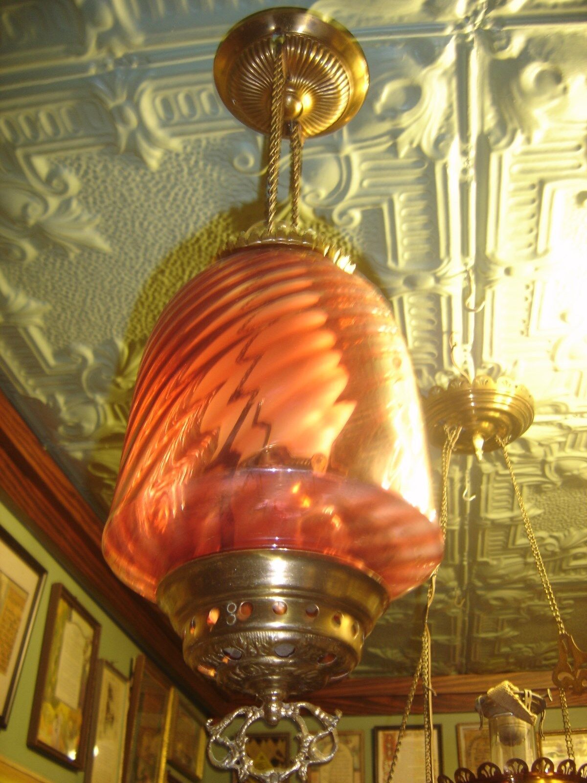  Antique Cranberry Opalescent Barber Swirl Hall Light.    7436a