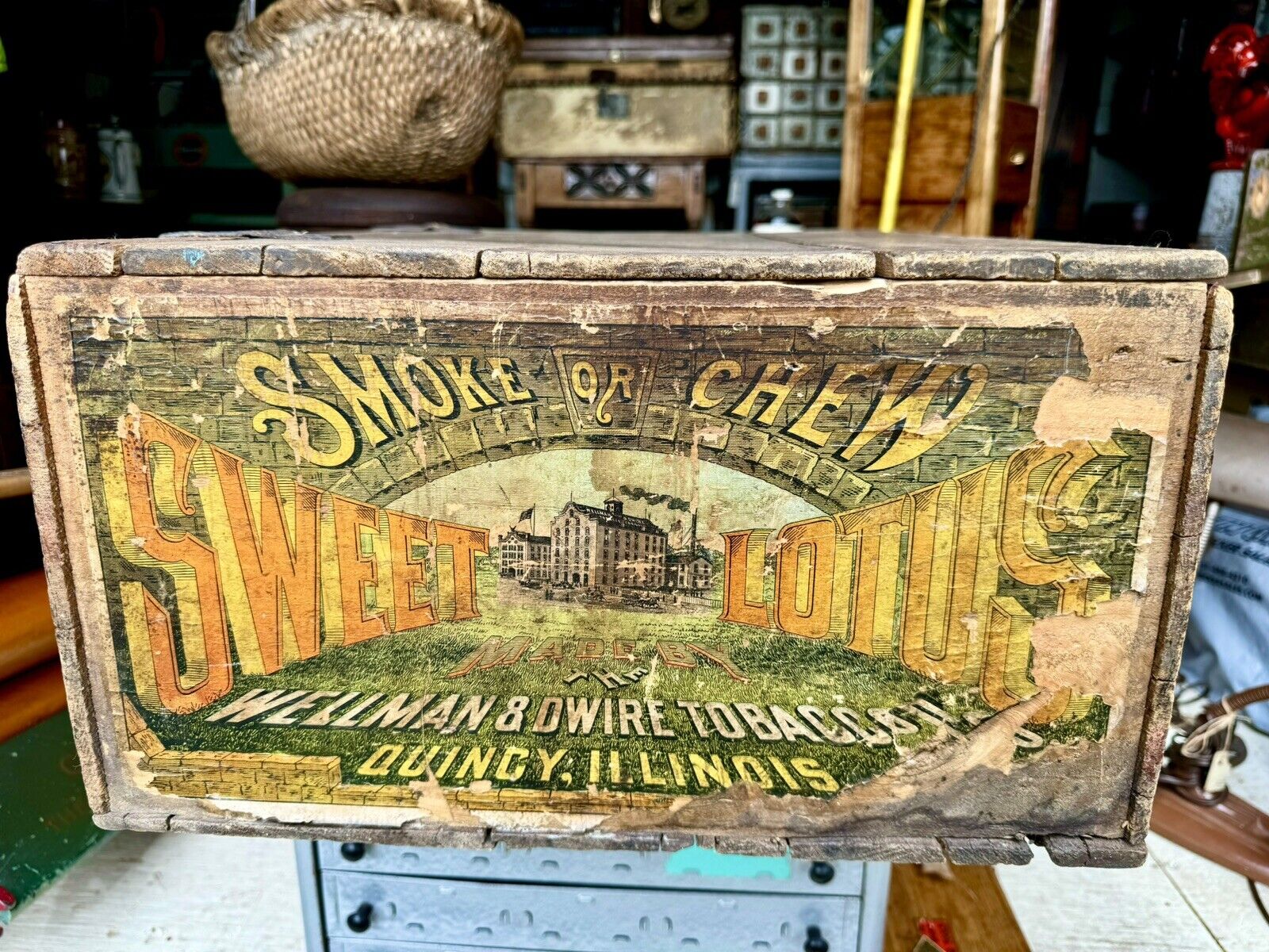 Rare Antique wellman and dwire Sweet lotus wood tobacco crate General Store