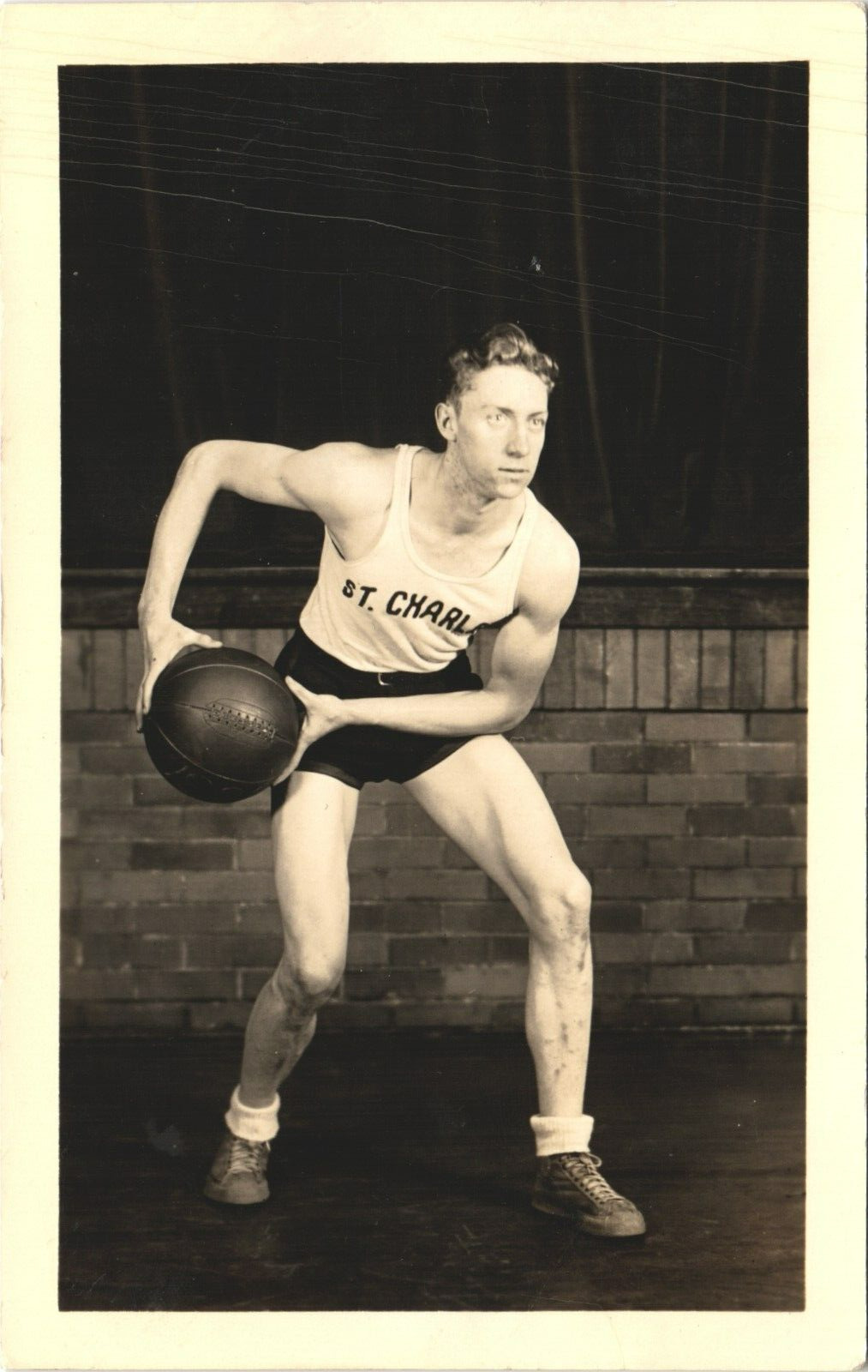 ST CHARLES BASKETBALL TEAM PLAYER vintage real photo postcard rppc ATHLETE c1950