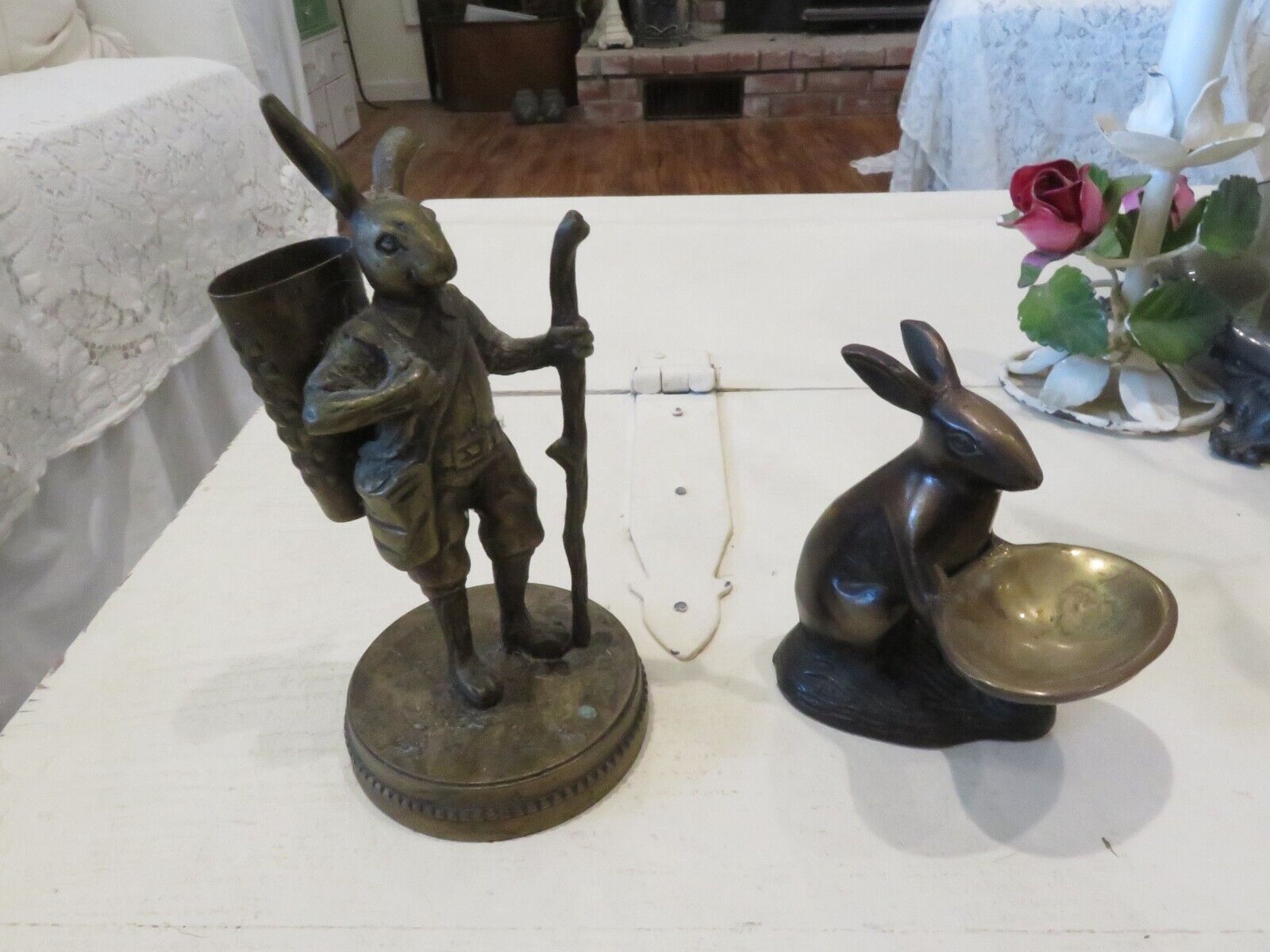 2 Antique Brass Hiking Rabbit Super Detailed French or German 2 Rabbits
