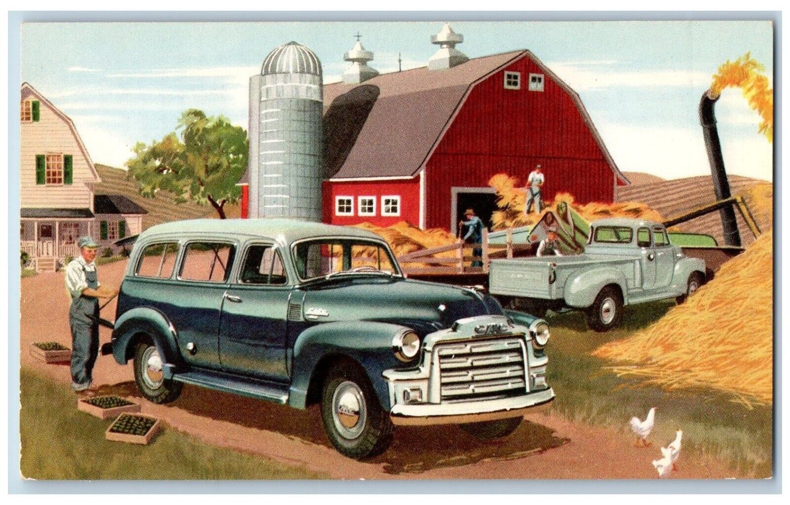 GMC Truck Suburban Postcard Farming Hay Field c1950's Unposted Vintage