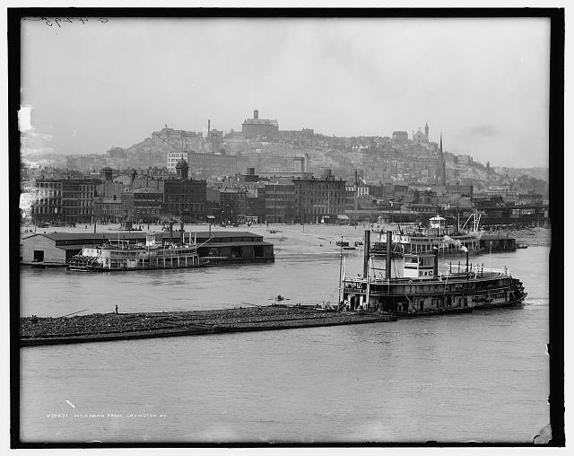 Mount Adams,Covington,tugboats,barges,boats,hills,Ohio River,Kentucky,KY,1890