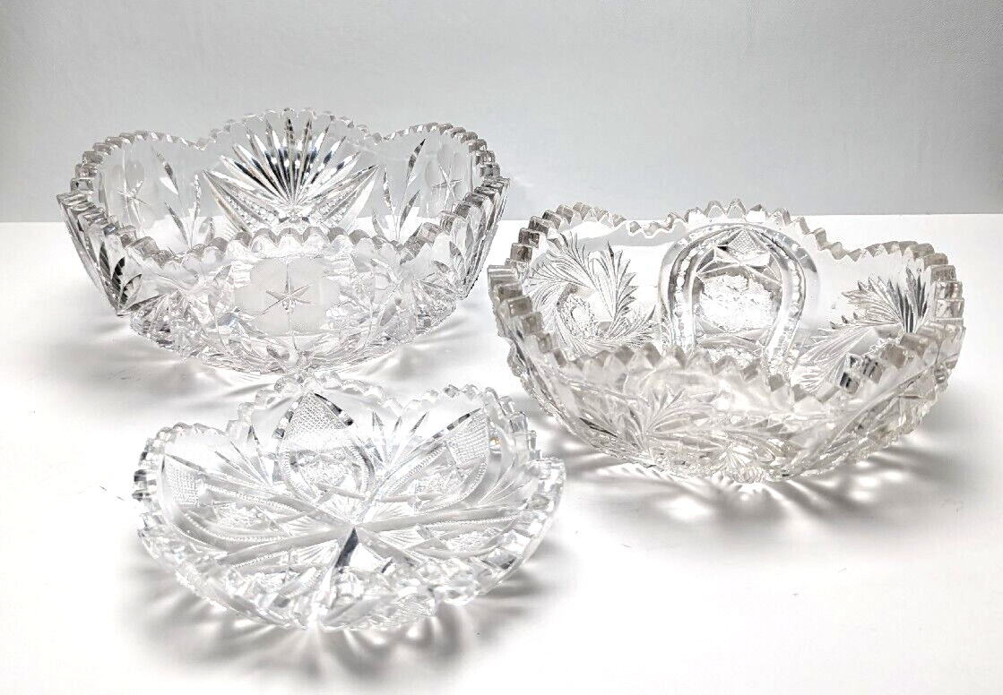 3x Lot Antique American Brilliant Period Cut Crystal Glass Sawtooth Swirl Bowls