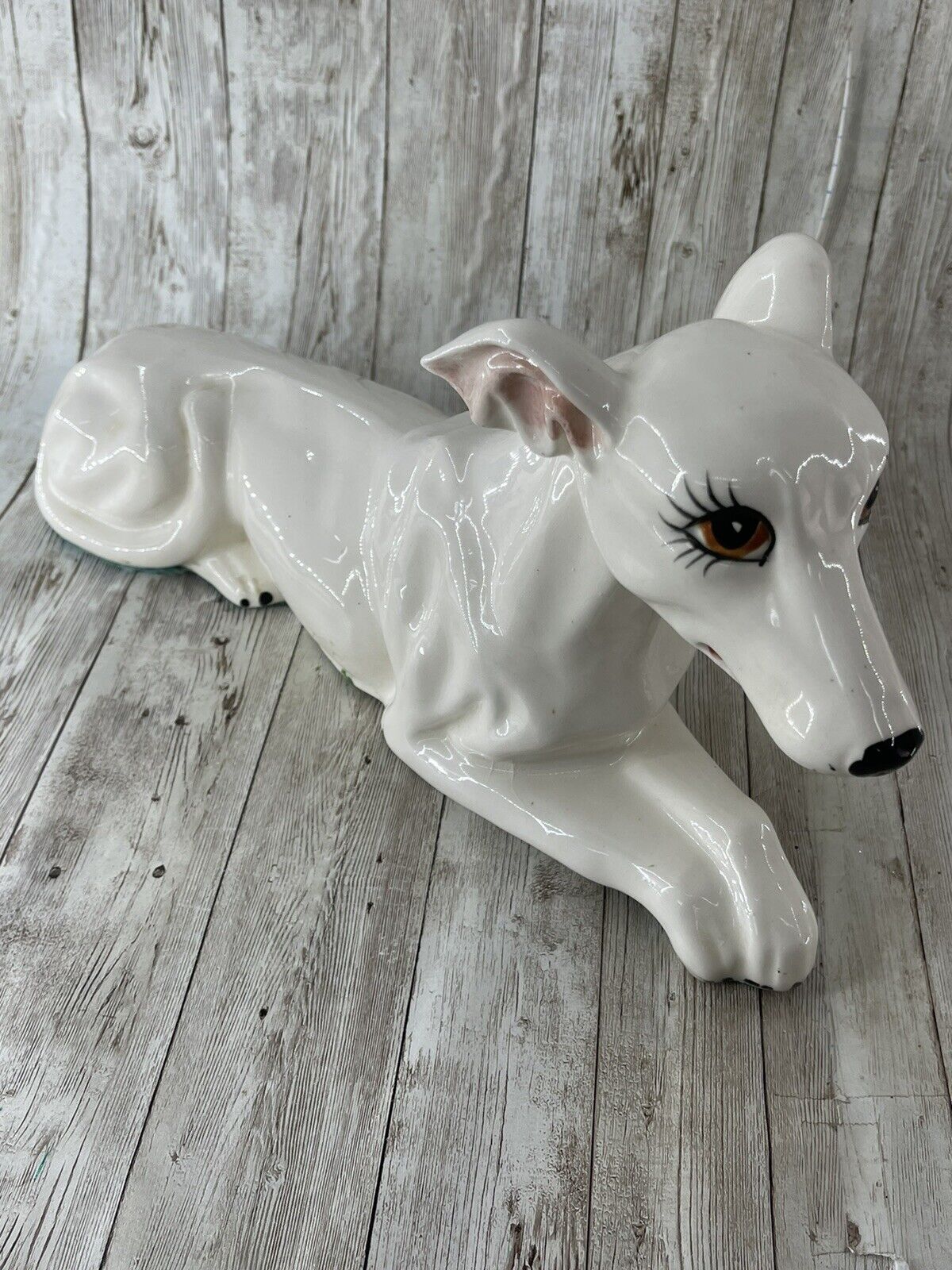 14” Whippet Dog Figurine White Ceramic Resting Statue