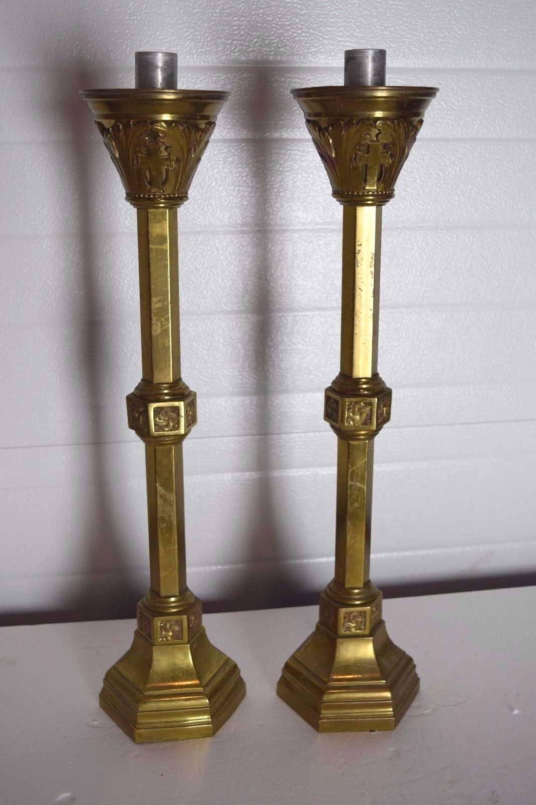 + Pair of Nice Older Brass Candlesticks + 25 1/4\