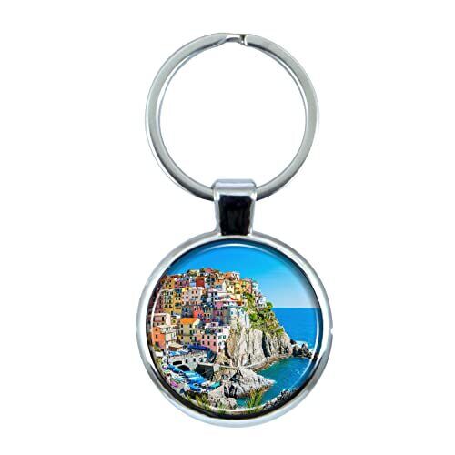 Cinque Terre Italy Keychain with Epoxy Dome and Metal Keyring