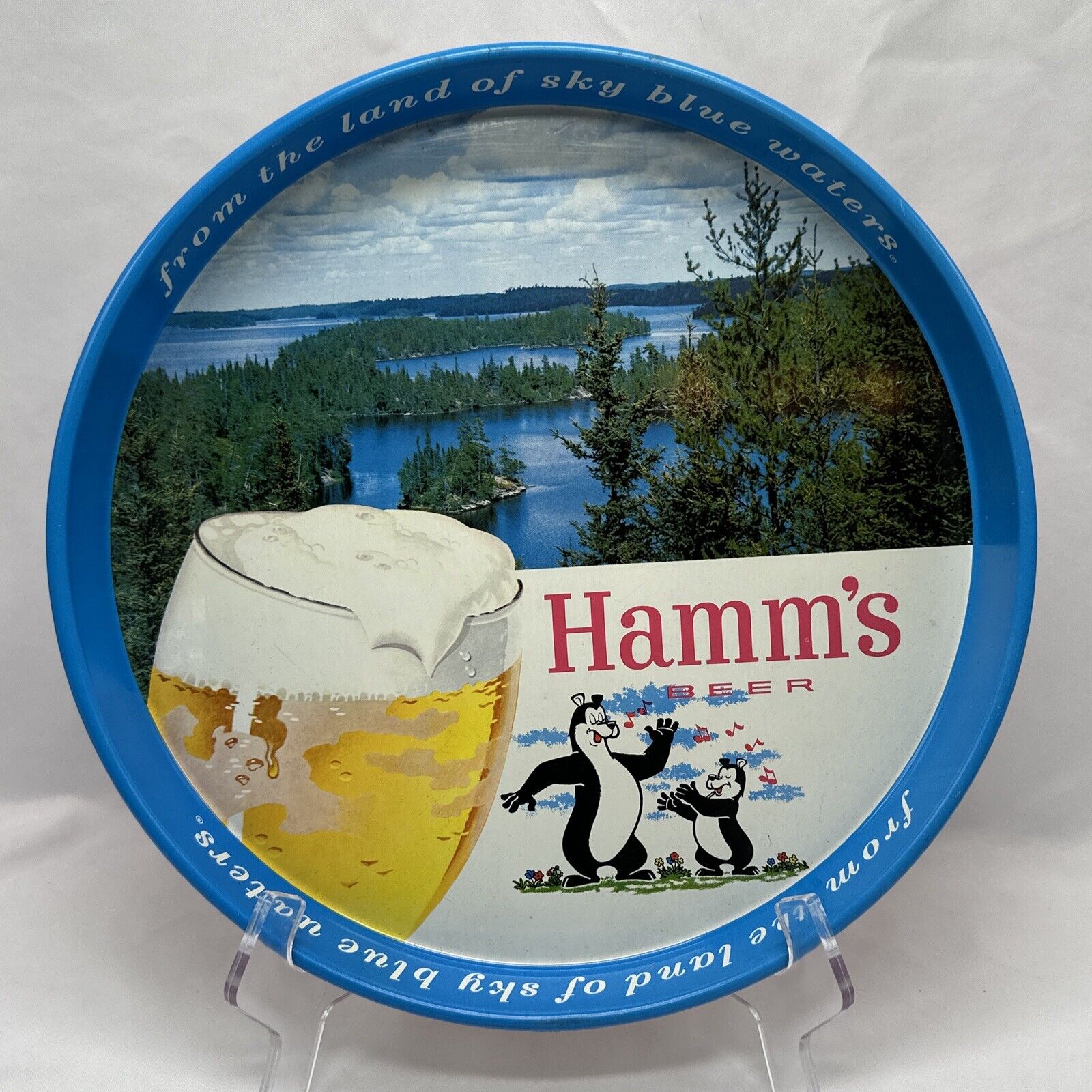 Vintage Hamm\'s Metal Beer Tray Dancing Bears Lake Scene Nice Condition