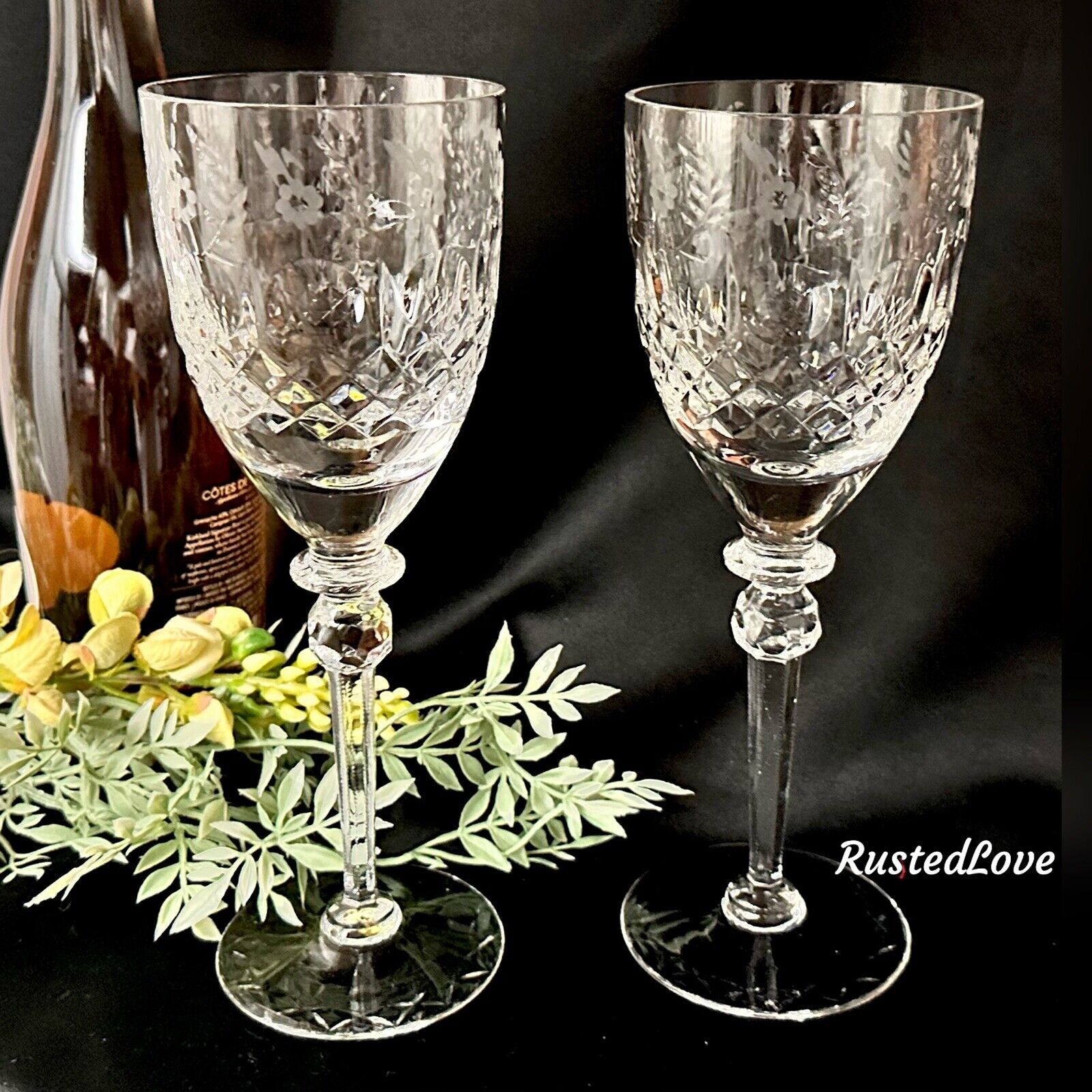 Water Glasses Rogaska Gallia Cut Blown Glass Yugoslavia Floral Wine Glass Pair *