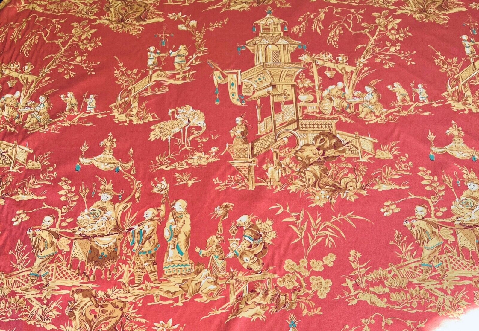 Authentic Schumacher “Chinois” Toile Peach & Gold Screen Print NWOT BTY  XX822