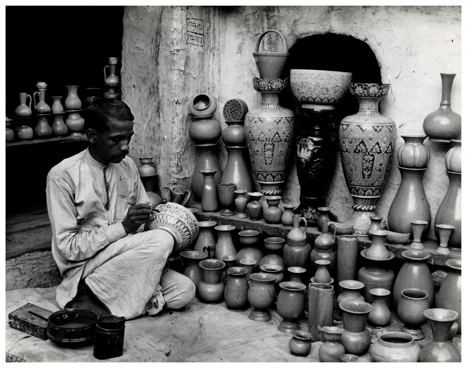 India, Delhi, Blue Pottery Craftsman, Vintage Print, ca.1920 Vintage Print. 
