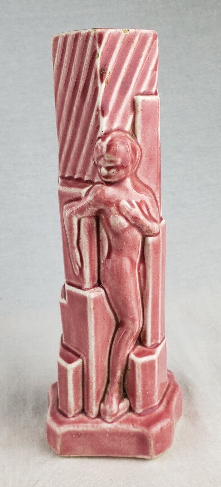 Antique Vintage Art Deco Nude Woman Skyscraper Bud Vase Ceramic Pottery