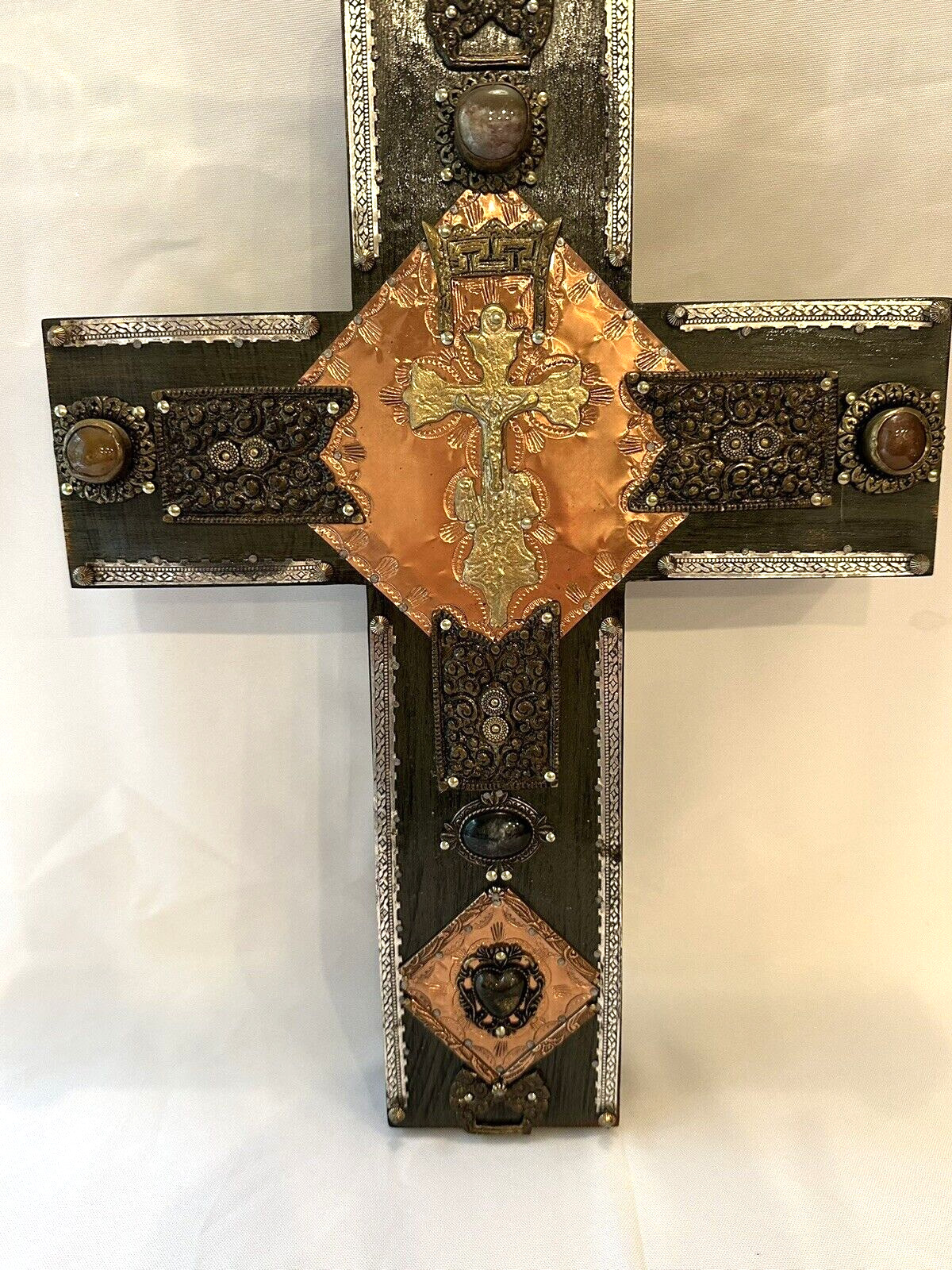 VTG Handmade Lg Wood Cross Crucifix Mexico Agate Stones Mixed Metals Signed