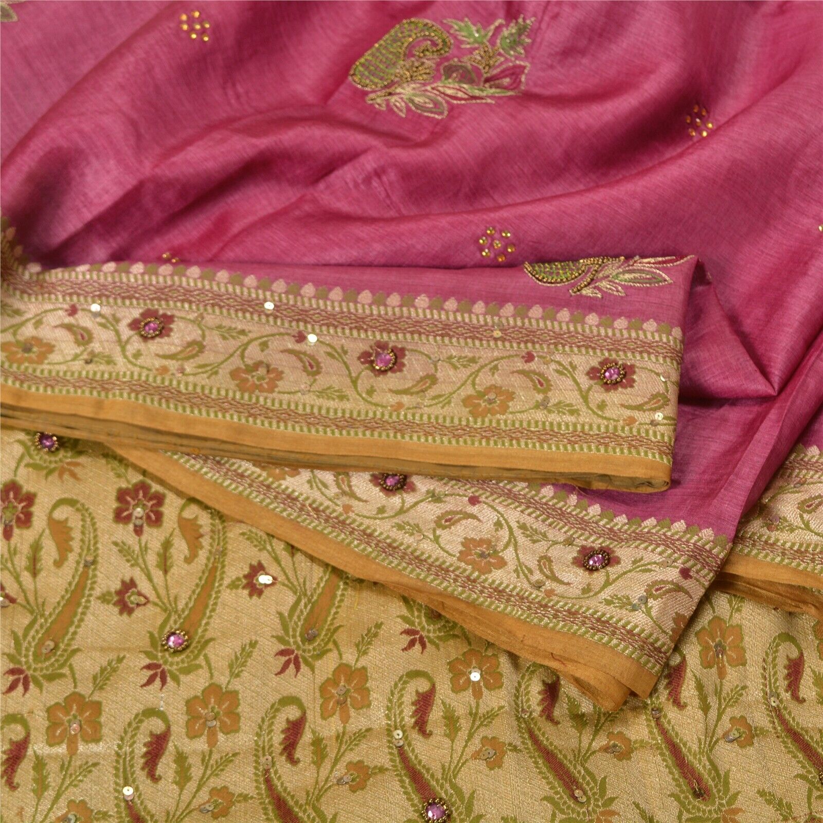 Sanskriti Vintage Brown/Pink Sarees Pure Silk Hand Beaded Premium Sari Fabric
