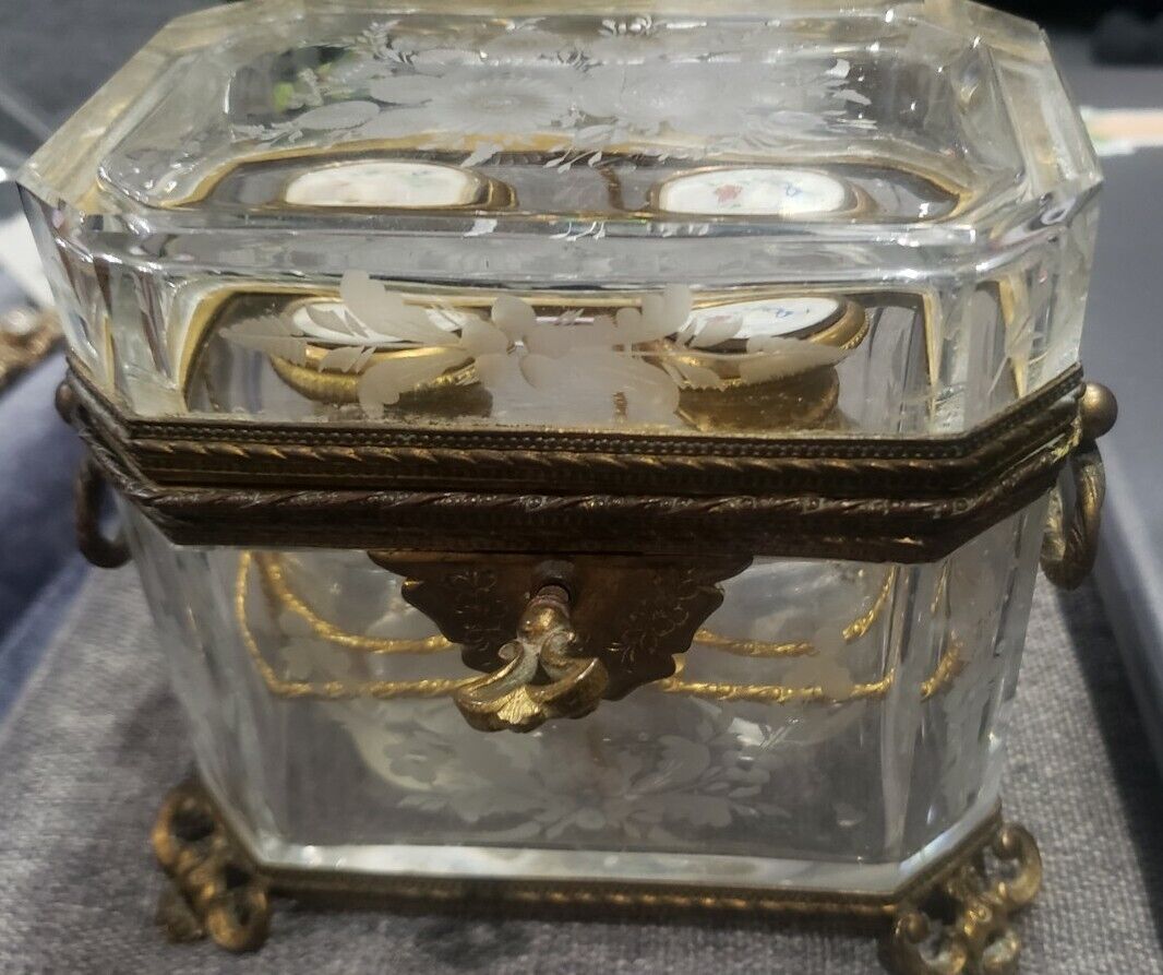 Antique RARE Embossed Flowers Crystal Cut Ormolu Box with Perfume Bottles France