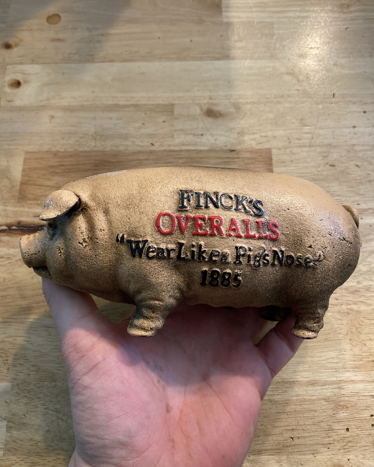Finck’s Piggy Bank Cast Iron Overalls Hog Swine Collector Metal 3+LB Patina GIFT