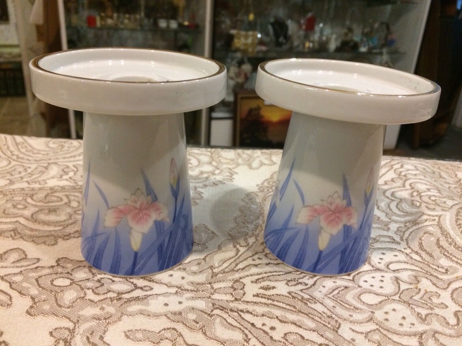 Vintage Pair floral Japanese Orchid Bohemian Candleholders Candlesticks 