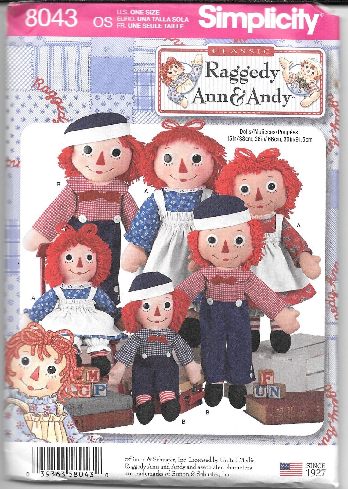 Simplicity Sewing Craft Patten 8043 Raggedy ann & andy doll and clothes UNCUT