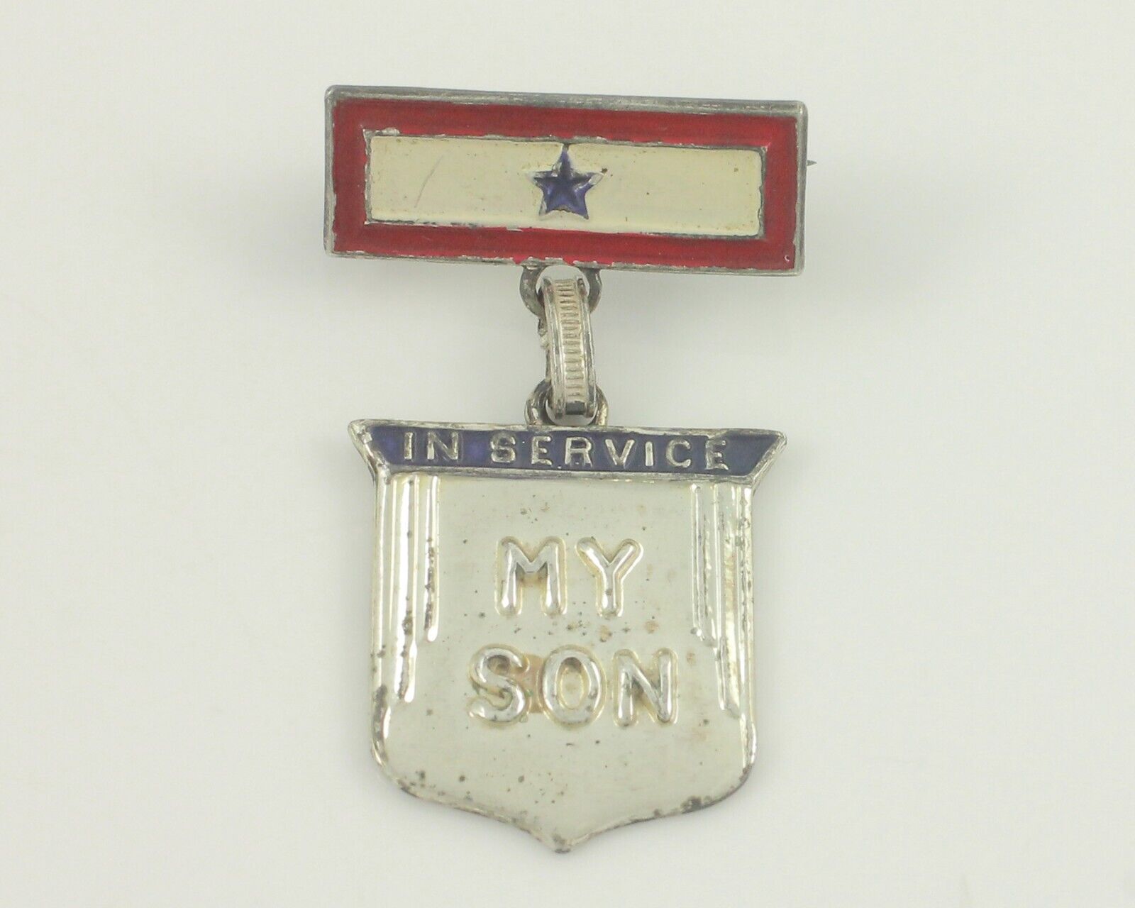 WW11 Vintage Sterling Silver Enamel Son in Service Shield Dangle Homefront Pin