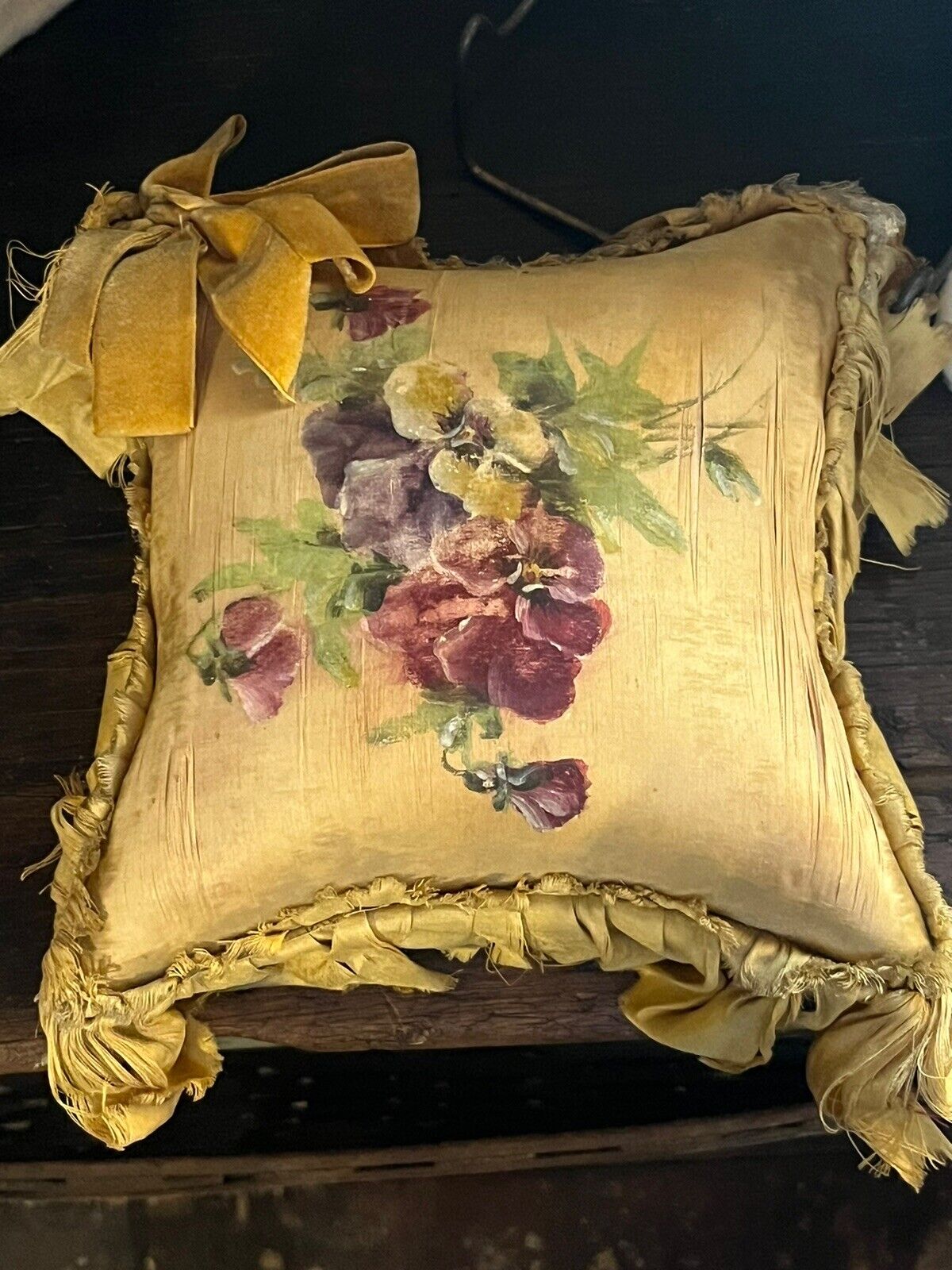 C. 1800s Antique Silk Victorian Pillow Hand Painted, Lace & Velvet Ribbon RARE