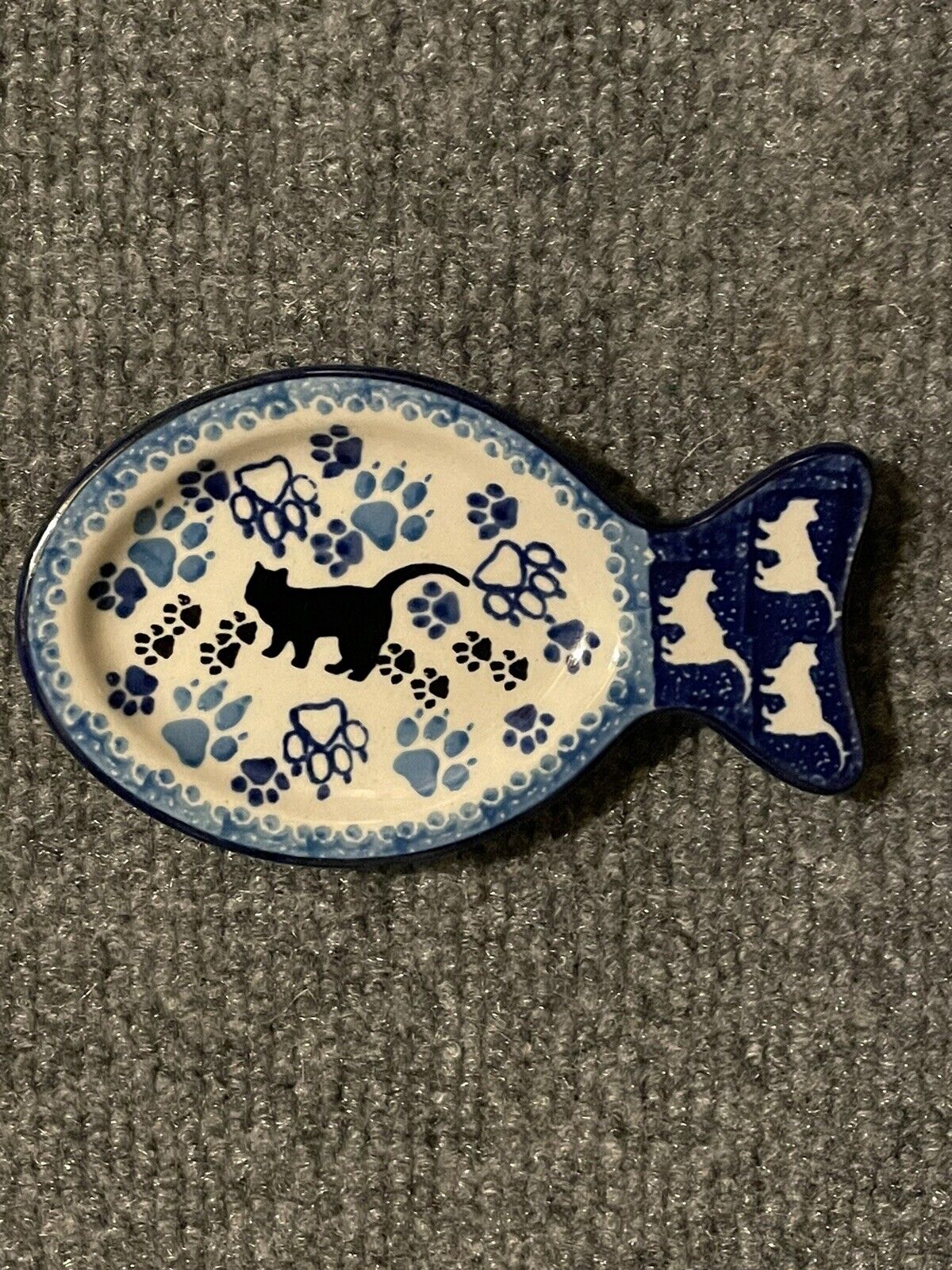 Polish Pottery Ceramic Cat Tea Bag Holder Blue Footprint Handmade Poland