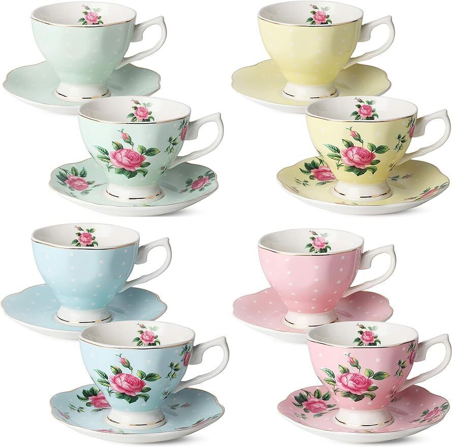 BTaT- Floral Tea Cups and Saucers, Set of 8 (8 oz) Multi-color with Gold Trim