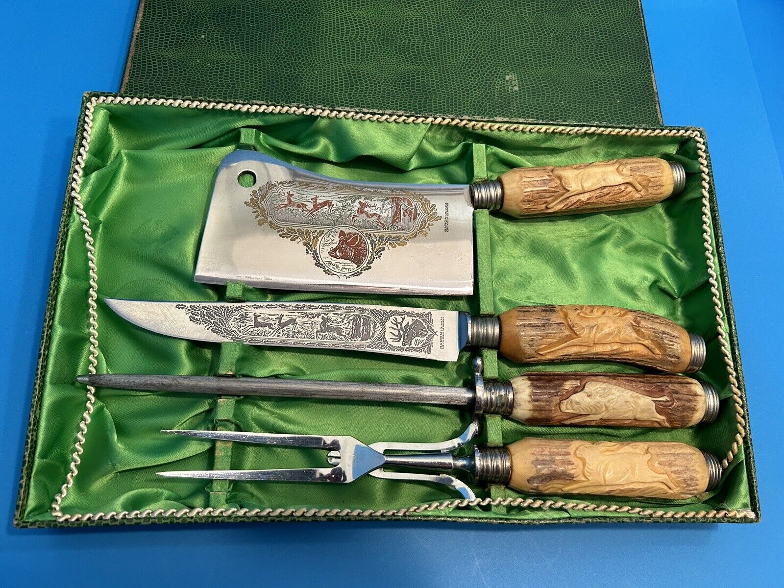 Vtg  Hand Carved Stag Handle Solingen Knife Carving Set & Cleaver  Baron Germany