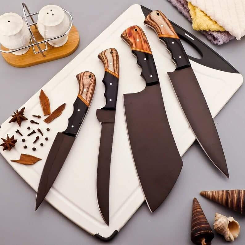 Handmade Stainless Steel Powder Coated 4pc Chef/Kitchen Knife Set -Wood Handle