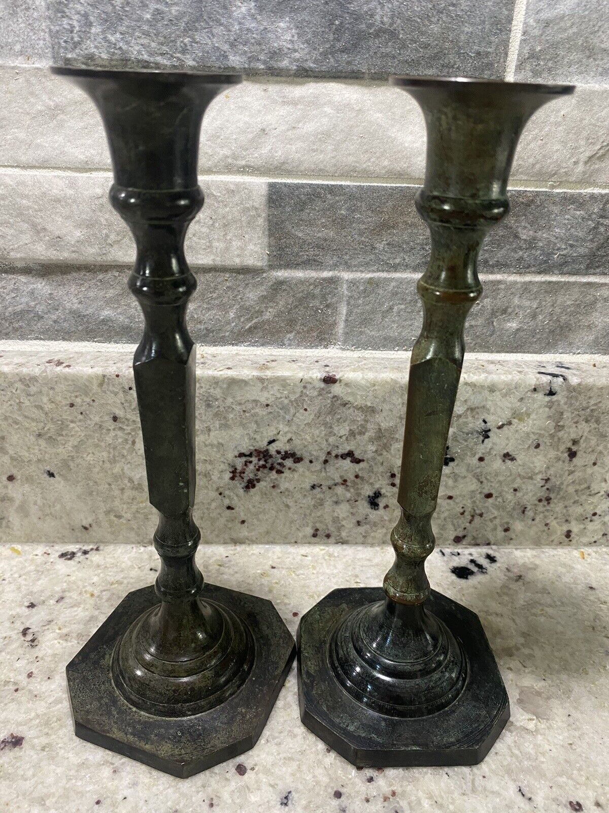 Three Hands Corp Set Of 2 Green Marblized Metal 9” Candle Holders 