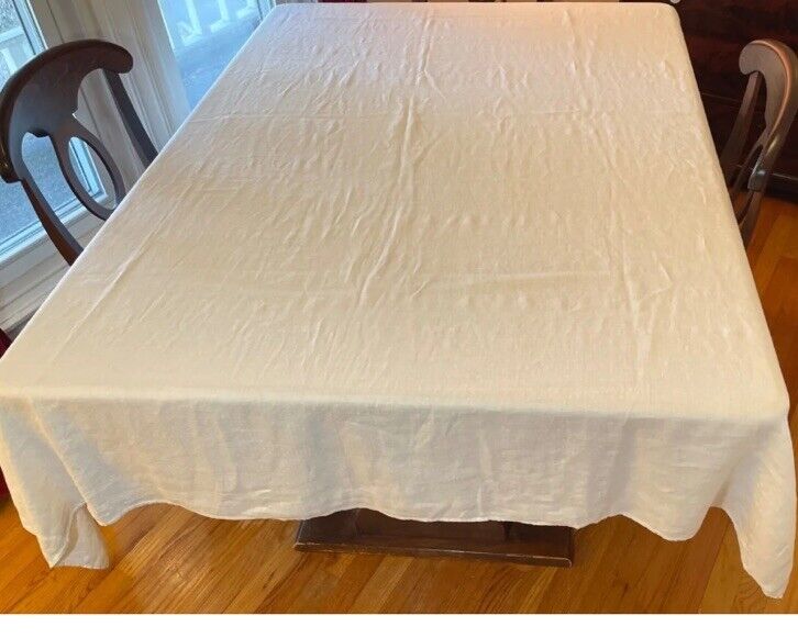 LARGE French Linen Tablecloth 60”x132” Plain Woven Solid Natural Color NarrowHem