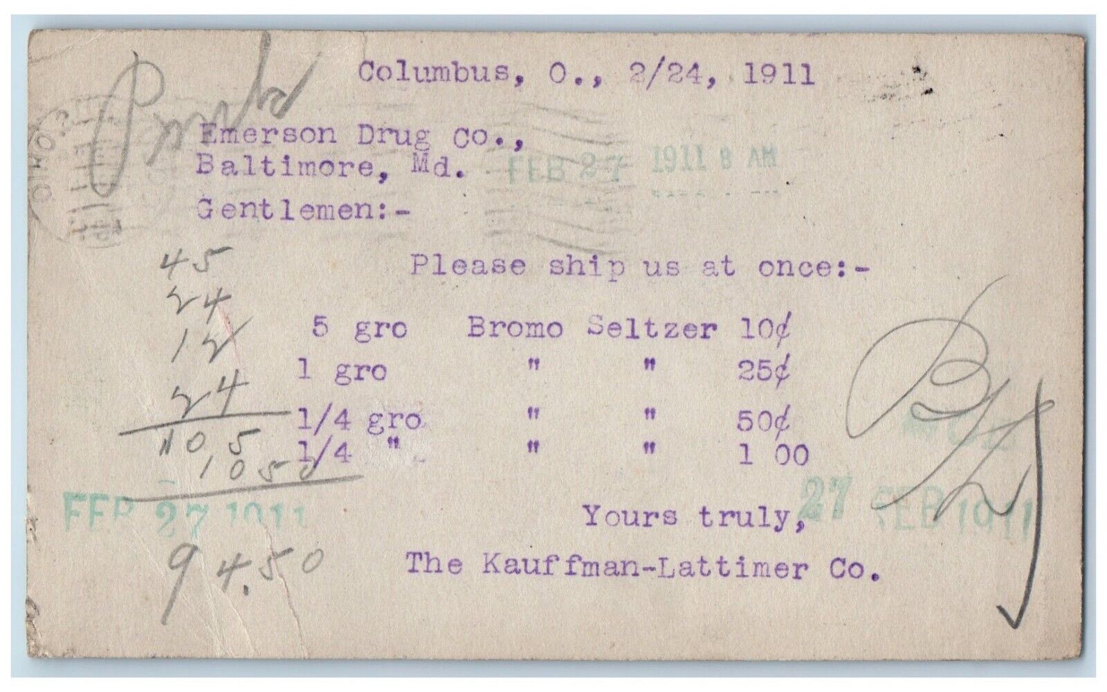 1911 Kauffman-Lattimer Co. The Emerson Drug Co. Baltimore MD Postal Card