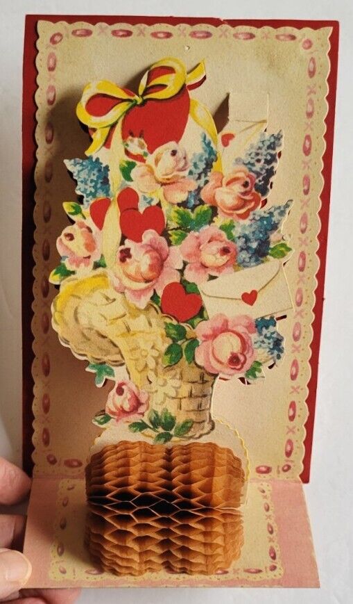 Large Vintage Honeycomb Fancy Fold Down 1950s Valentine Basket Of Flowers