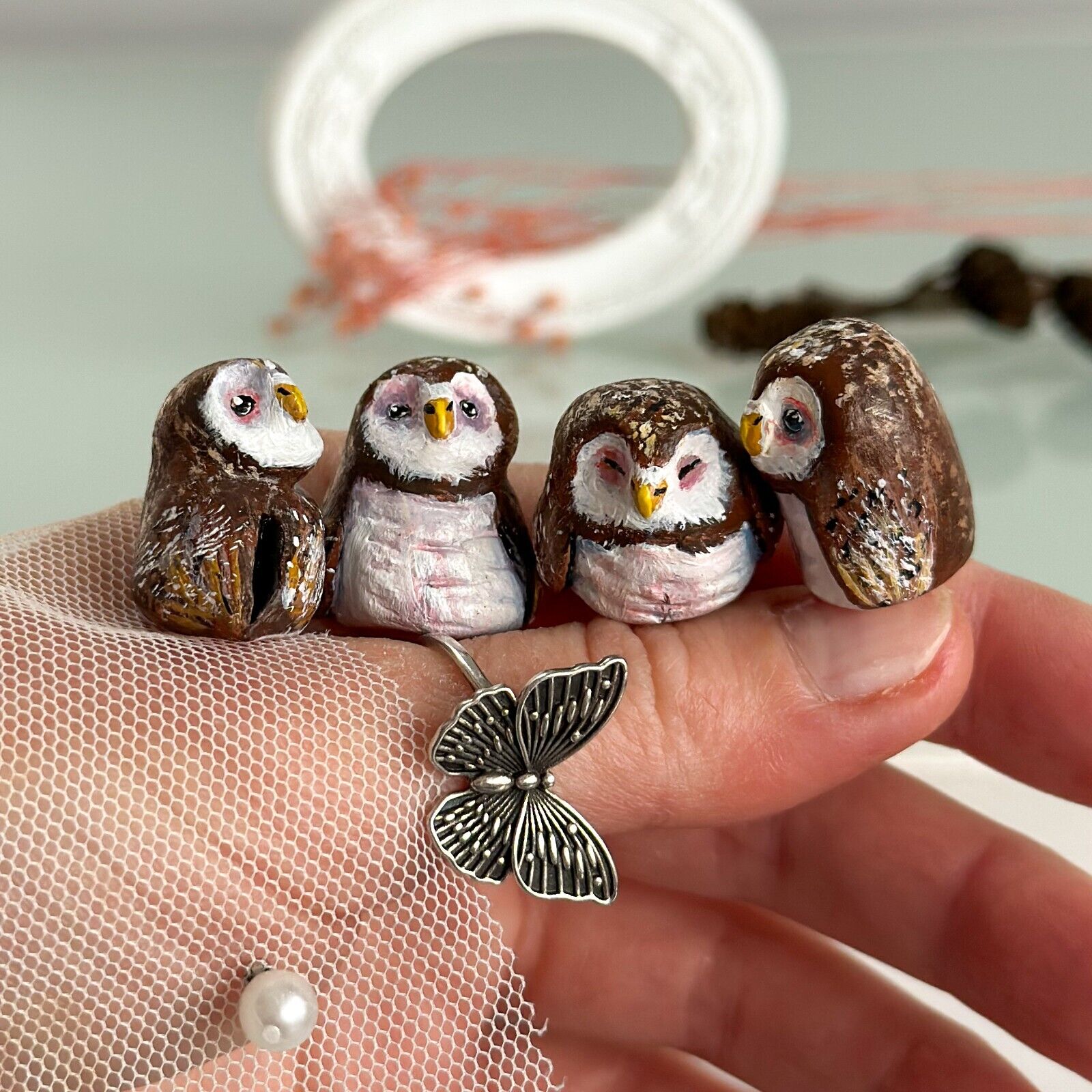SET of 4 Miniature owl Clay owl Mini owl figurine Fairy house Owl decor Woodland