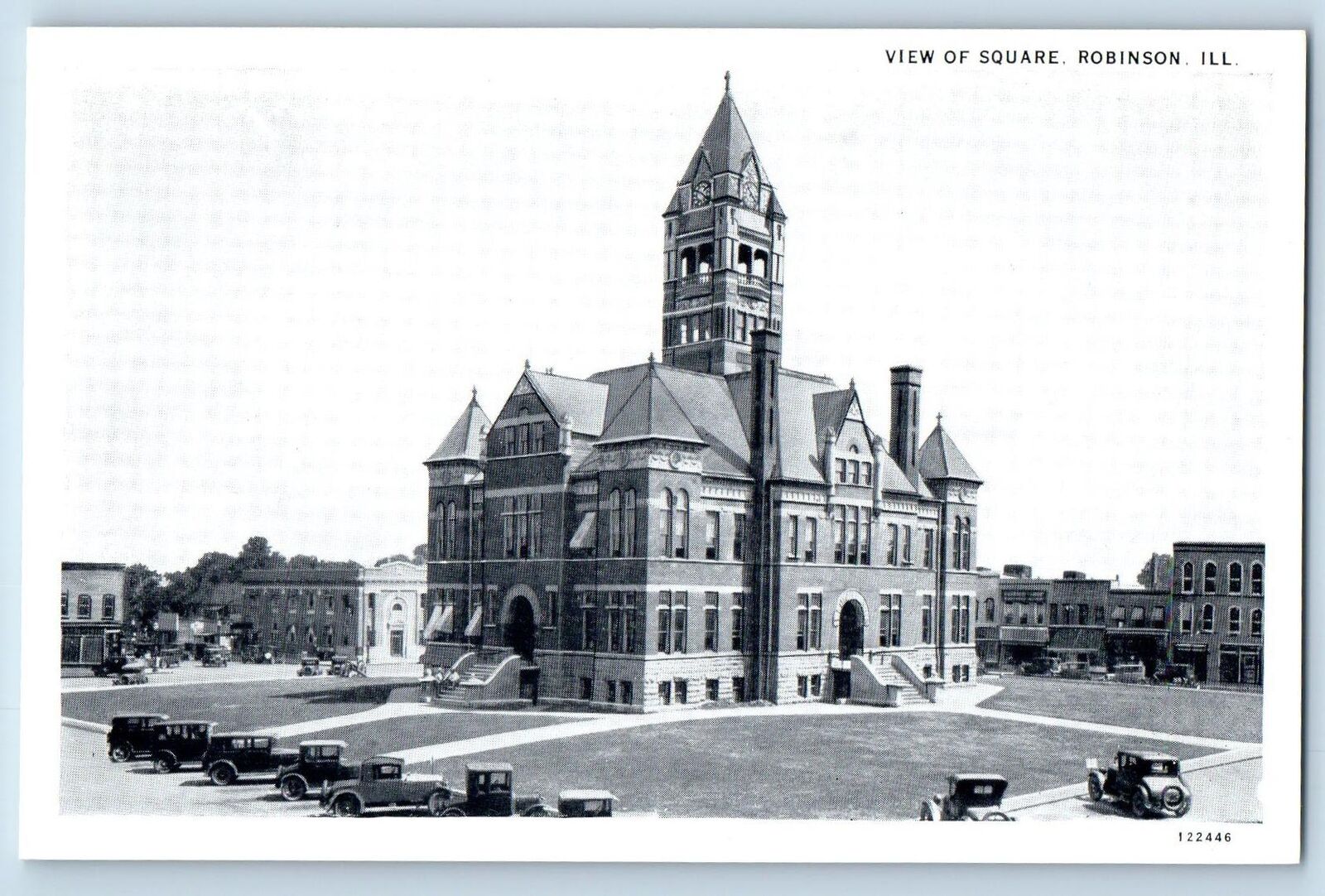 c1920's View Of Square Building Tower Classic Cars Robinson Illinois IL Postcard