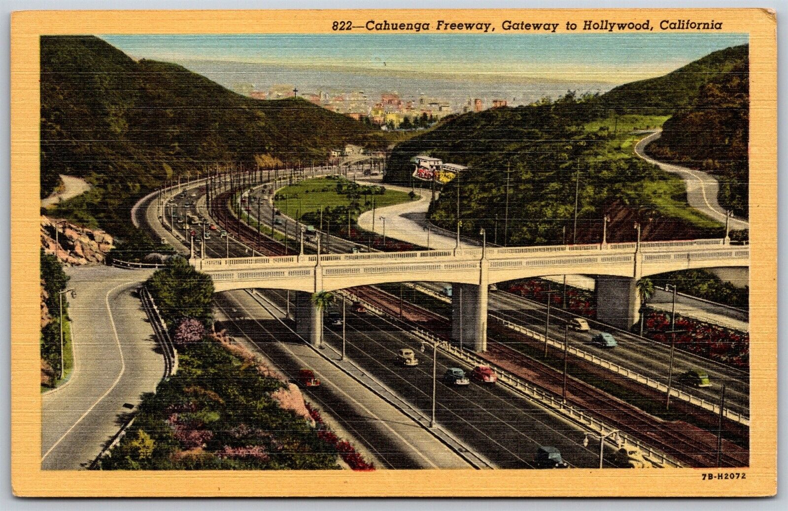 Vtg Hollywood California CA Cahuenga Freeway 1940s View Linen Postcard
